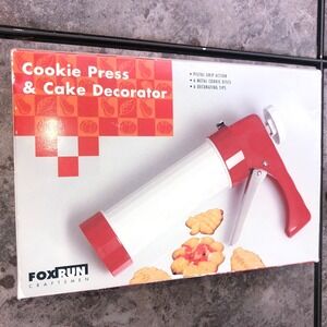 Vtg Fox Run Cookie Press & Cake Decorator Pistol Grip Tips Cookie Discs Kit NEW